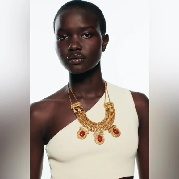 NWT. Zara Golden Metal Necklace with Stone Appliqués. - Picture 4 of 7